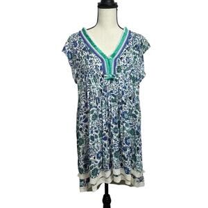 Poupette St. Barth Blue Floral Fringe Pleated V neck Sasha Dress Small